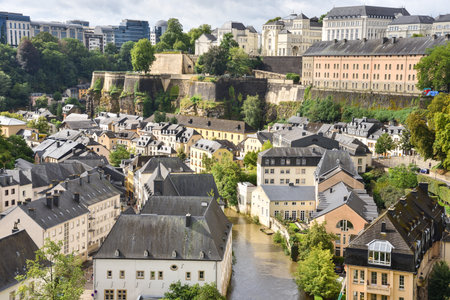 Alzette River, and Cityscape Panorama of Old Town, Luxembourgの写真素材