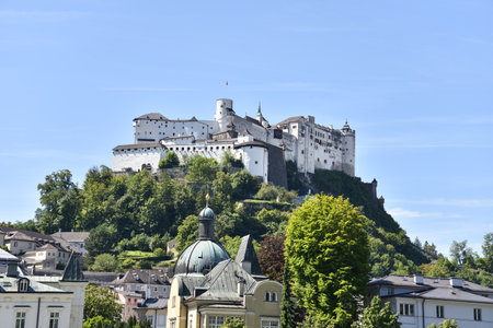 Fortress Hohensalzburg with Cityscape in Salzburg, Austriaの写真素材