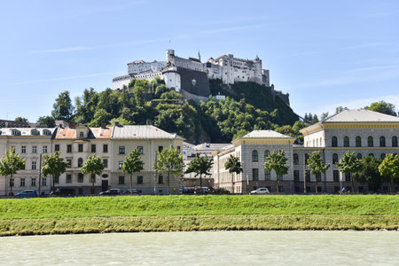 Fortress Hohensalzburg and Salzach River with Cityscape in Salzburg, Austriaの写真素材