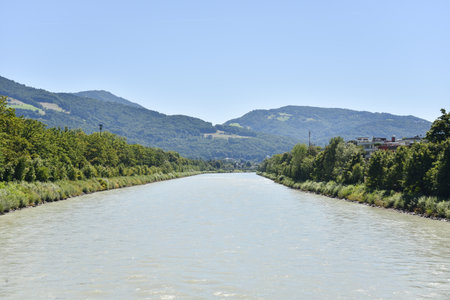Salzach River with Landscape in Salzburg, Austriaの写真素材