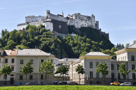 Fortress Hohensalzburg with Cityscape in Salzburg, Austriaの写真素材