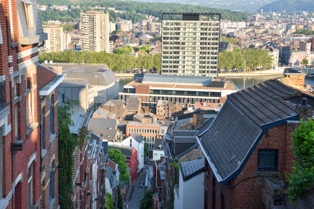 Cityscape Panorama in LiÃ¨ge, Belgium with Historic Old Town and Riverの写真素材