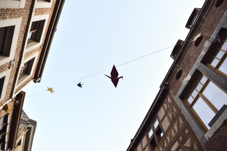 Traditional Houses in LiÃ¨ge, Belgium with Origami Art Installation in Historic Old Townの写真素材