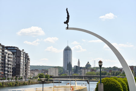 Cityscape in LiÃ¨ge, Belgium with Meuse River and Artworkの写真素材
