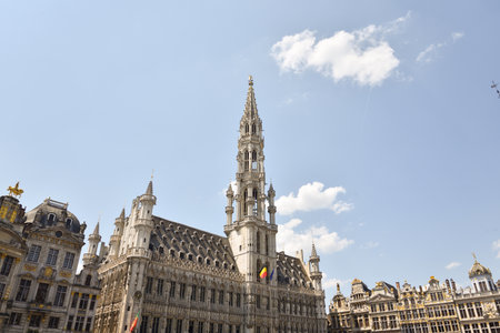 Cityscape in the Old Town of Brussels, Belgium with Historic Buildings and Town Hallの写真素材