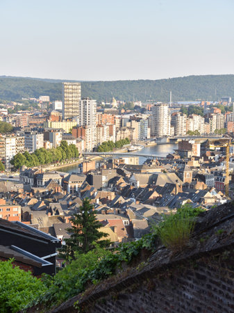 Cityscape Panorama in LiÃ¨ge, Belgium with Historic Old Town and Riverの写真素材