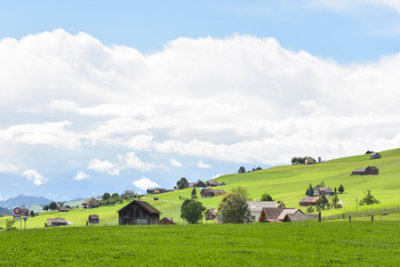 Alpine Mountain Landscape with Traditional Homes in Appenzellerland Region, Switzerlandの写真素材