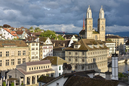 Cityscape with Traditional Houses and Clocktowers in Zurich, Switzerlandの写真素材