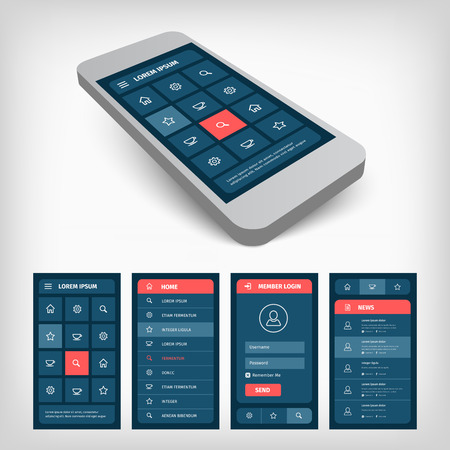 Mobile phone with user interface design template. 3d vector illustration. Modern muted color blue and red design.のイラスト素材