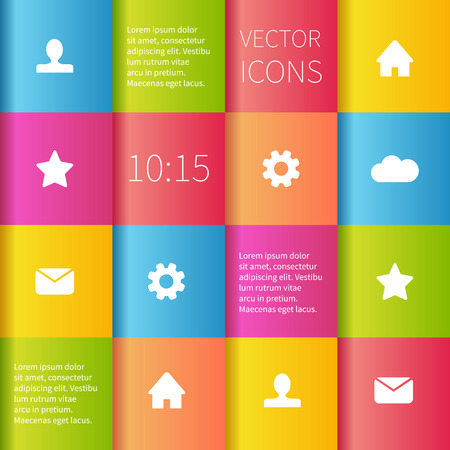 Colour square infographic or user interface design. Simple icons with outlines on colourful boxes.のイラスト素材