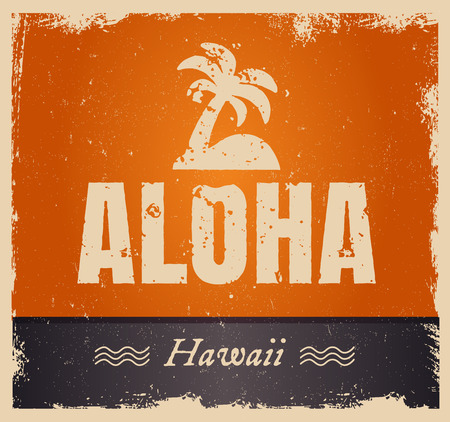 Vector aloha word in retro colors, vintage background. Rough edges in grunge style. Island tropical icon with palm.のイラスト素材