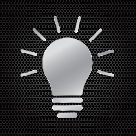 Silver light lamp sign icon. Idea symbol on dark carbon polygon background.のイラスト素材
