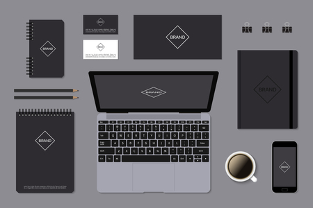 Dark corporate identity mock-up template on gray background. Editable vector format. Set of elements with laptop, notepads and business cards.のイラスト素材