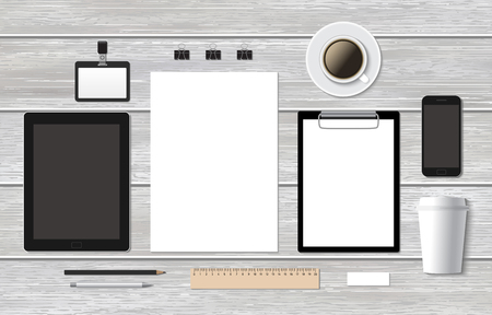 Branding mock-up business template with smartphone on wooden background. Blank stationery for your design.の写真素材