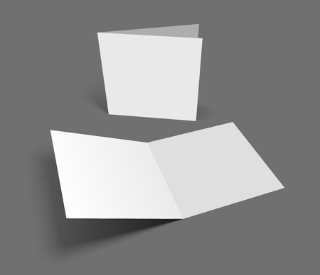 Blank square two-leaf greeting card on dark gray backdrop. Vector illustration mockup. Opening and cover showing.のイラスト素材