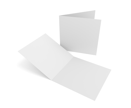 Blank square two-leaf greeting card or brochure isolated on white. 3d rendering mockup.の写真素材