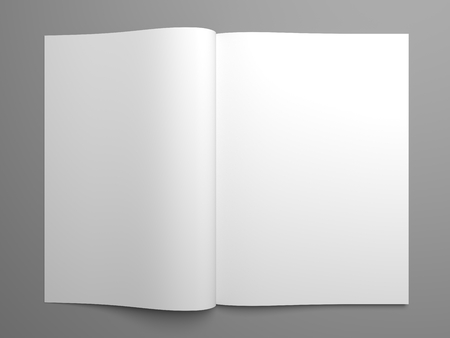 Blank open magazine mock up with two pages showing. 3d illustration top view in perspective.の写真素材