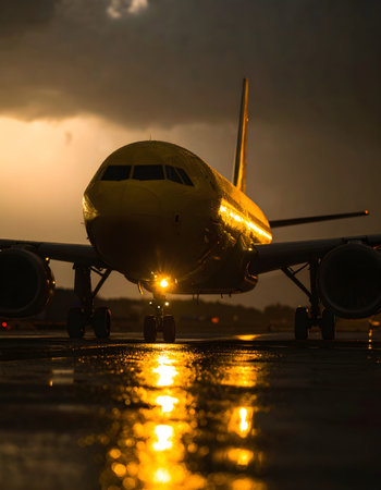 Airplane on the runway of the airport at sunset. Shallow depth of fieldの写真素材