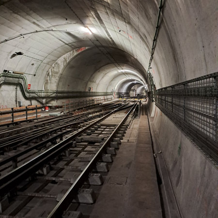 A detailed photograph of an underground railway tunnel featuring multiple train tracks, concrete walls, and industrial lighting.の写真素材