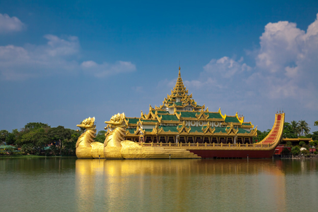 Floating Barge Karaweik Hall on Kandawgyi lake in Yangon, Myanmar (Burma)のeditorial素材