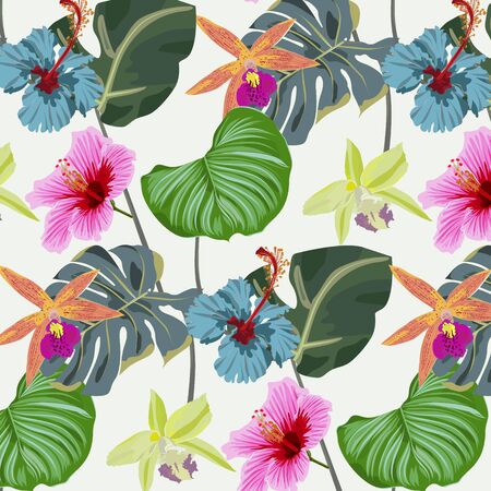 Tropical floral and leaves seamless pattern background with exotic Hibiscusのイラスト素材