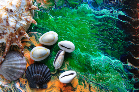 Seashells on a variegated background