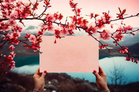 Female hands holding a blank sheet of paper against the background of a lake, mountains and cherry blossoms. Copy space.の素材