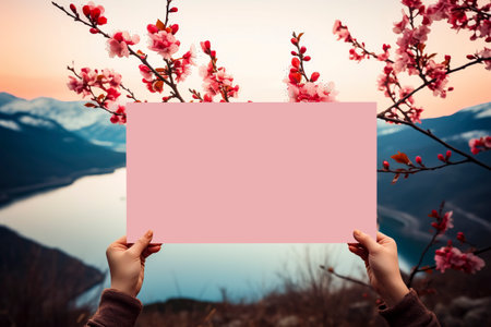 Female hands holding a blank sheet of paper against the background of a lake, mountains and cherry blossomsの素材