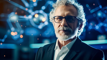 Portrait of senior businessman in eyeglasses and suit looking at camera while standing against night cityの素材