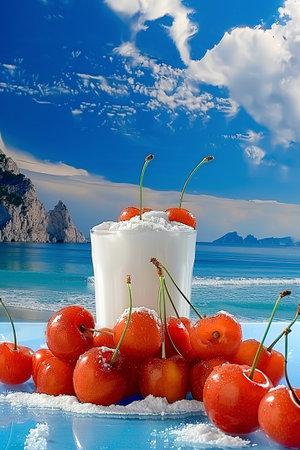 Milk and cherries on the background of the sea and mountainsの素材