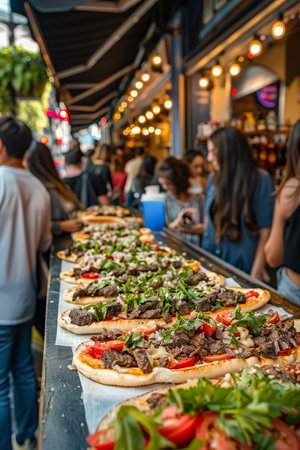 Pizza with beef, tomato and arugula on counter in night marketの素材