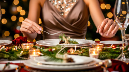Close-up of female hands decorating christmas table in restaurantの素材
