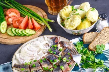 herring, potatoes and beerの写真素材