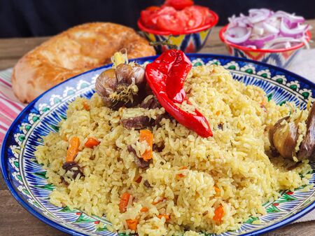 pilaf with beef, garlic and hot pepperの写真素材