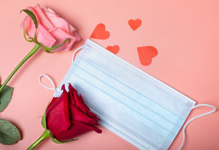 Roses on a pink background and a medical mask. New normal concept for Valentine's Day.の写真素材