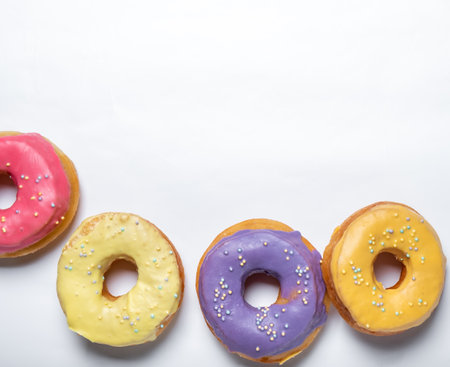 donuts on a white background with place for text. View from above.の写真素材