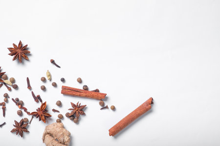 Various ingredients for mulled wine, fruits and spices.flat lay. Place for text. White background