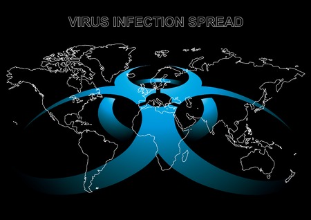 Editable vector illustration of World map with virus sign in blue colorのイラスト素材