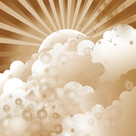 Sepia cloudscape with flying birds, vector illustrationのイラスト素材