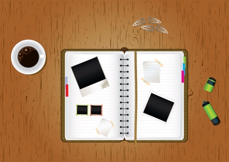 Office desktop. Scrapbook, cup of coffee, blank paper, marker and paperclips on wooden office desktop, vector illustrationのイラスト素材