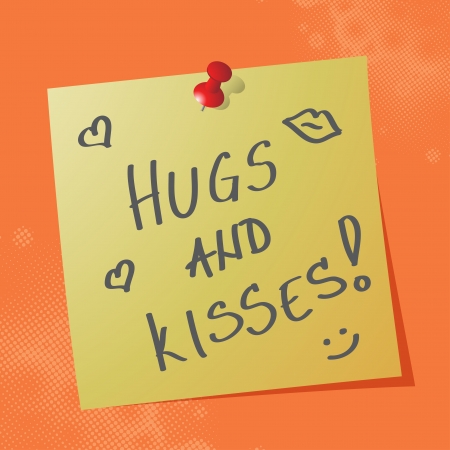  hugs and kisses handwritten message on sticky paper, eps10 vector illustrationのイラスト素材