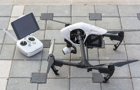 Zrenjanin, SERBIA: October 2015, Image of the Dji Inspire 1 drone UAV quadcopter which shoots 4k video and 12mp still images and is controlled by wireless remote with a range of 4kmのeditorial素材