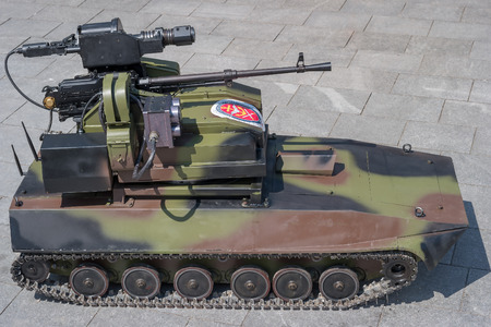 Zrenjanin, SERBIA: May 2016, MILOS, modern remote controlled short range anti infantry drone armed...