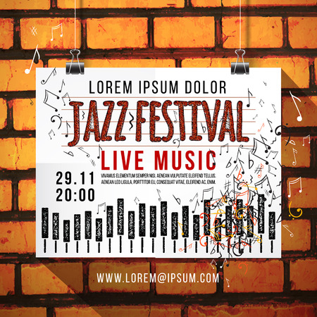 Vector design of Jazz music festival, poster background template. keyboard with music notes. brick wall, background, texture, keyboard, text.のイラスト素材