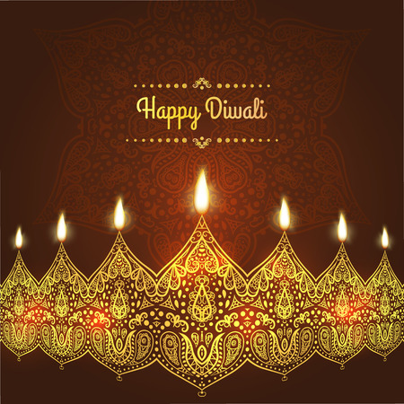 Happy Diwali. Greeting Card design for Diwali festival with beautiful ornamental lamps, flame of a candle .のイラスト素材