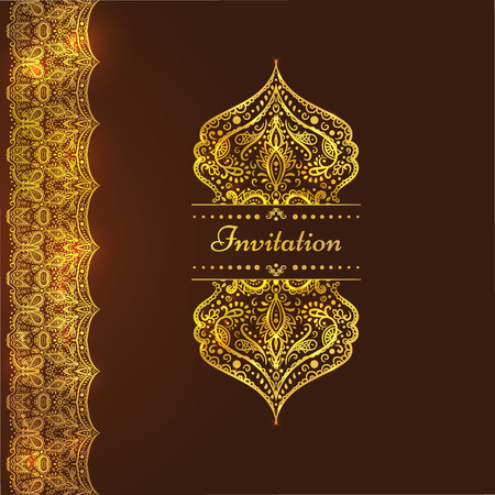 A luxury vintage vector card. Invitation with beautiful golden ornaments, damask frame, border. Gold royal template.のイラスト素材