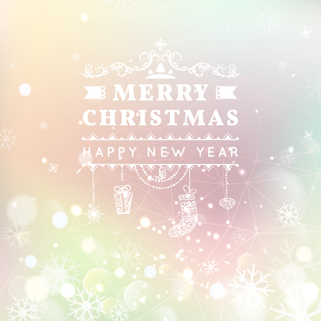 Merry Christmas and Happy New Year card. blurry . Hanging Christmas decorations with toys, gift, stocking, snowflake and bird.のイラスト素材