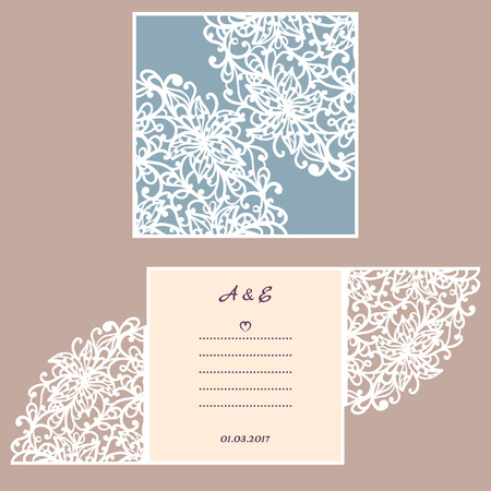 Wedding invitation or greeting card with abstract ornament. Vector envelope template for laser cutting. Paper cut card with silhouette. Cutout silhouette panel. Cutting file.のイラスト素材