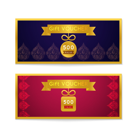 Voucher, Gift certificate and Coupon template. Floral, vintage ornament, pattern , frame. Background design for invitation, ticket, banknote, money design, currency, check. Bright gold Vector.のイラスト素材