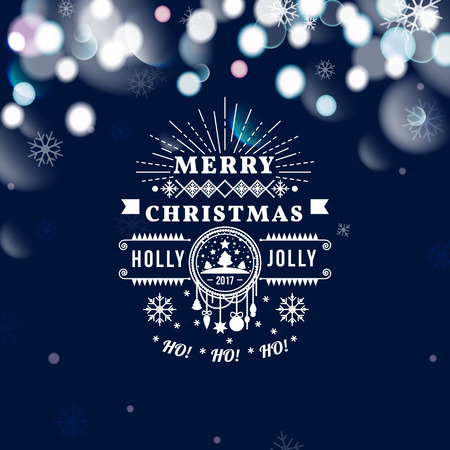 Merry Christmas and Happy New Year card. Christmas typographic message. Vector blue bokeh background, festive defocused lights, snowflakes, text.のイラスト素材